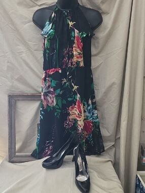 Old Navy Black Floral Halter Midi Dress